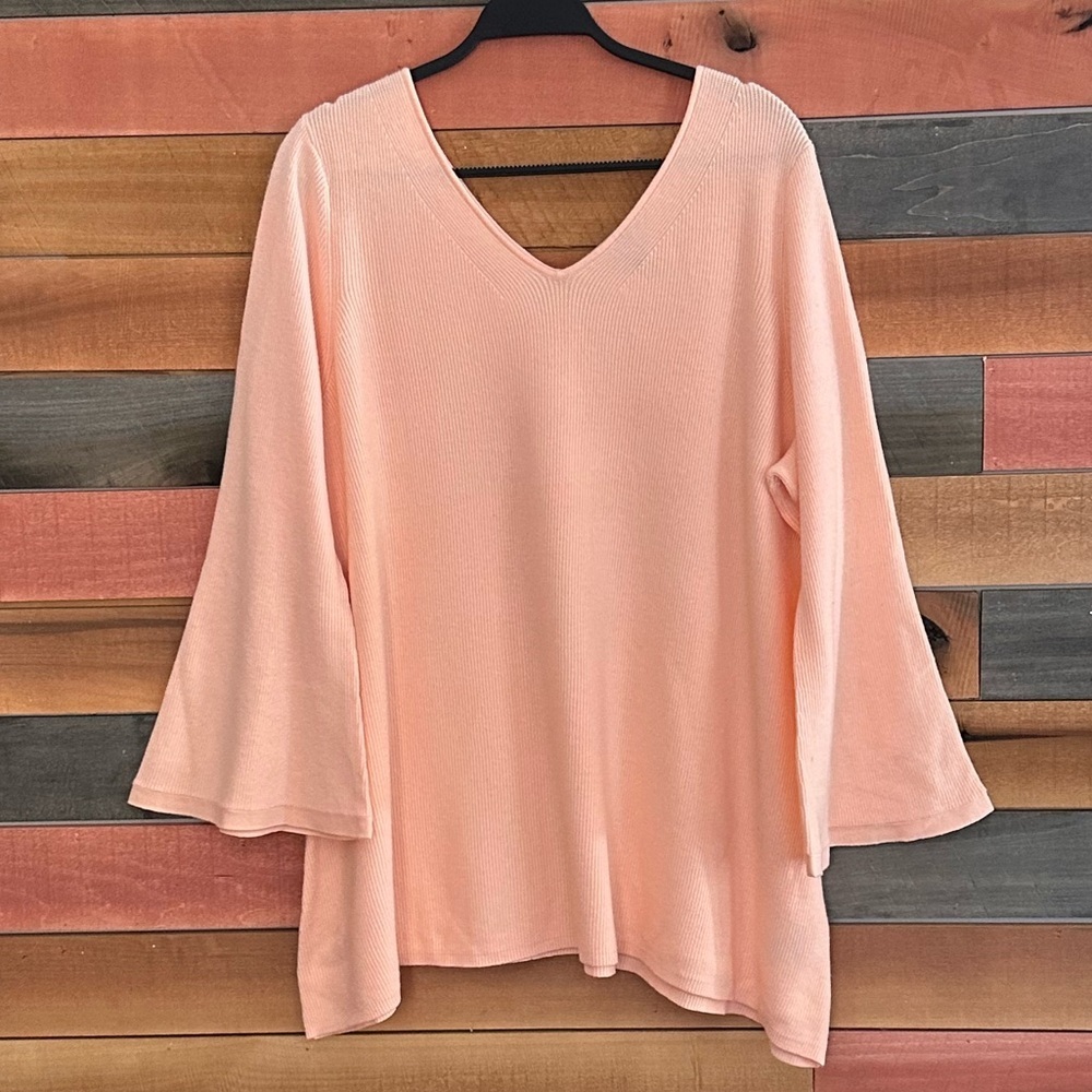 H by Halston Ribbed V-Neck Bell Sleeve Pullover Sweater